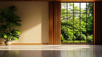 modern interior of empty living room featuring large window with view of lush greenery. space is illuminated by natural light, creating serene atmosphere photo