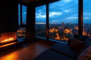 modern living room with cozy fireplace, large windows showcasing city skyline at dusk, and warm lighting creating relaxing atmosphere photo