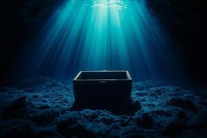 open treasure chest in center of underwater scene, illuminated by beams of light filtering through water. atmosphere is mysterious and enchanting, inviting exploration photo