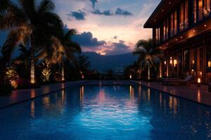 serene evening view of modern villa with outdoor swimming pool, surrounded by lush palm trees and vibrant landscaping. sunset casts warm glow over tranquil water, creating peaceful atmosphere photo