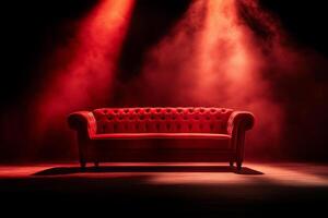 striking red club sofa illuminated by dramatic stage lights, creating vibrant atmosphere. soft fabric and tufted design enhance luxurious feel of scene photo