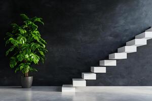 Modern staircase with potted plant against dark wall, creating serene atmosphere. minimalist design highlights contrast between greenery and sleek architecture photo