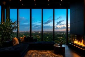 modern living room with stunning view, featuring dark sofa, large windows, and cozy fireplace. ambiance is luxurious and inviting, perfect for relaxation photo