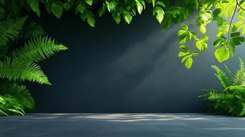 serene empty concrete wall background with lush green plants, creating minimal garden atmosphere. interplay of light and shadows enhances tranquil setting photo