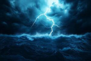 dramatic stormy sea with lightning illuminating dark clouds, creating powerful and intense atmosphere. turbulent wave crash against each other under ominou photo