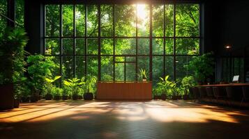 modern office interior featuring large windows with abundant greenery, creating serene and vibrant atmosphere. sunlight filters through, enhancing natural beauty of space photo
