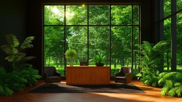 modern office interior featuring large windows, lush greenery, and stylish furniture creates serene workspace. natural light enhances vibrant atmosphere photo