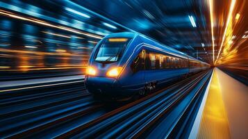 High speed train in blue with motion blur effect, showcasing speed and modernity. vibrant colors create dynamic atmosphere, emphasizing train swift movement photo