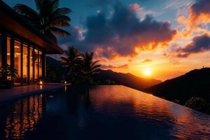 stunning modern villa with pool overlooks breathtaking sunset, surrounded by lush mountains and palm trees, creating serene and luxurious atmosphere photo