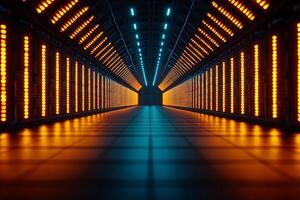futuristic sci fi tunnel illuminated with glowing orange and blue lights creates captivating atmosphere. sleek design and vibrant colors evoke sense of advanced technology and exploration photo