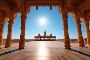 stunning view of traditional Indian palace courtyard featuring intricate architecture, illuminated by bright sun. ornate pillars frame scene beautifully photo