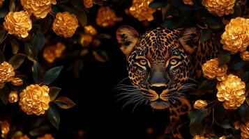 photorealistic leopard emerges from lush background of vibrant yellow flowers, showcasing its striking features and intense gaze. contrast between leopard fur and floral elements creates photo