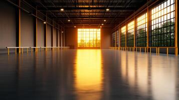 spacious industrial warehouse interior with modern design, featuring large glass windows that allow warm sunlight to illuminate polished floor. atmosphere is calm and inviting photo