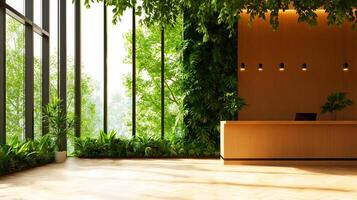 Modern open office interior with large windows and greenery, creating refreshing and vibrant atmosphere. design emphasizes natural light and biophilic elements, enhancing productivity and well photo