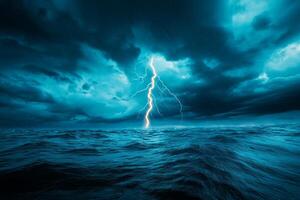 dramatic scene of dark stormy sea illuminated by bright lightning strike, showcasing turbulent waves and ominous clouds. atmosphere is intense and electrifying photo