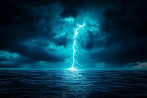 stunning photograph of dark stormy sea illuminated by bright lightning, showcasing power of nature and dramatic contrast between turbulent waters and ominous clouds photo
