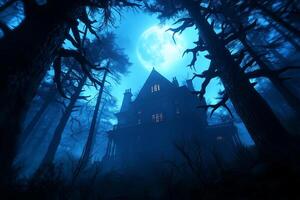 spooky Victorian house looms in moonlight, surrounded by fog and dark trees, creating eerie atmosphere. full moon casts unsettling glow, enhancing haunting scene photo