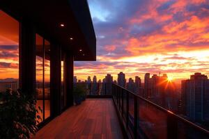 stunning sunset view from modern luxury apartment balcony, showcasing vibrant colors in sky and city skyline. warm glow creates serene atmosphere photo