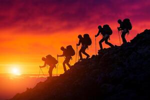 silhouette of adventurous team climbing together at sunset, showcasing determination and teamwork against vibrant sky photo
