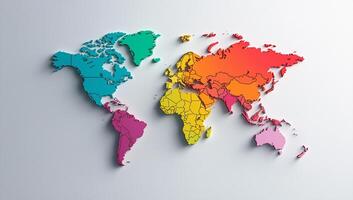 Colorful world map illustration with distinct regions highlighted, showcasing geographical diversity and vibrant colors. Perfect for educational and decorative purposes photo