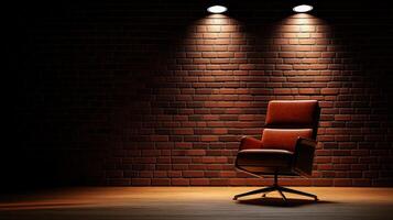 stylish leather chair illuminated by spotlights against textured brick wall, creating warm and inviting atmosphere. Perfect for modern interior design photo