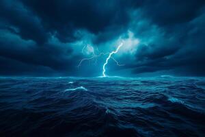 dark stormy sea with powerful lightning striking water, creating dramatic and intense atmosphere. turbulent waves reflect ominous sky filled with dark clouds photo