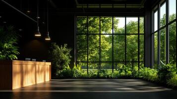 modern office interior featuring large windows, natural light, and lush greenery. reception area has wooden counter and serene view of outdoors, creating calming atmosphere photo