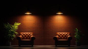 Luxurious leather chairs illuminated by warm lamps against brick wall, creating cozy atmosphere. Lush green plants add touch of nature to elegant setting photo