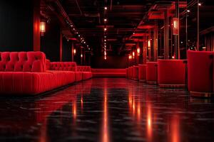 Luxurious red club sofa in stylish nightclub with spotlights and glossy black floor, creating inviting atmosphere for social gatherings photo