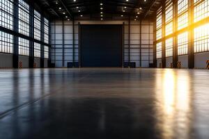 spacious industrial hangar with large metal doors and bright windows, showcasing clean floor and warm sunlight streaming in, creating serene atmosphere photo