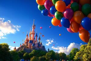 whimsical castle surrounded by colorful balloons in bright sky. enchanting scene evokes sense of joy and wonder, perfect for celebrations and magical moments photo
