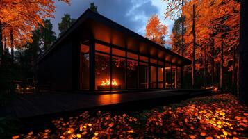 Modern black cabin with large glass windows surrounded by autumn foliage, featuring cozy fire. warm glow contrasts beautifully with vibrant orange leaves, creating serene atmosphere photo