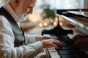A distinguished senior man dressed in a tailored vest gracefully plays a grand piano in a vintage-inspired lounge, illuminated by a soft, warm glow, creating an elegant atmosphere photo