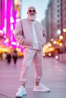 A senior man exudes confidence in a sleek bomber jacket and trendy sneakers while posing against a softly blurred neon cityscape, creating a vibrant urban atmosphere photo
