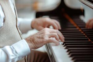 A distinguished senior man plays a grand piano in a softly lit lounge, dressed in a tailored vest. The warm golden glow enhances the elegant atmosphere, perfect for a luxurious lifestyle photo