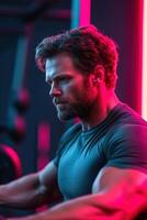 A fit father focuses on lifting weights, showcasing strength and determination in a spacious luxury gym, illuminated by soft neon lights and cinematic effects photo