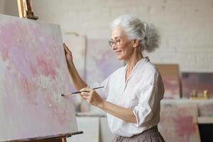 In a spacious studio filled with soft, golden-hour light, a graceful senior woman joyfully paints an abstract canvas, surrounded by a dreamy artistic atmosphere and ample creative space photo
