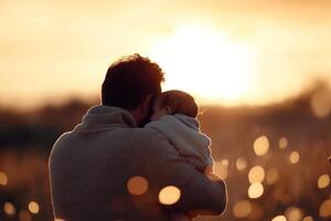A father tenderly holds his child against a backdrop of a golden sunset, creating a touching silhouette. The soft hues and dreamy atmosphere add warmth to this serene moment photo