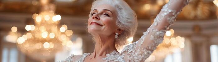 A senior woman in an elegant evening gown dances with poise and grace in a beautifully illuminated ballroom, surrounded by soft golden chandeliers that create a luxurious ambiance photo