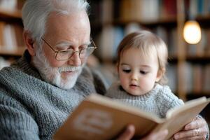 Warm-hearted senior man reads a vintage storybook to his curious grandchild in a classic wooden library, illuminated by soft lamplight, creating a nostalgic storytelling moment photo