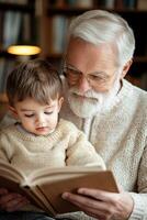 A senior man shares a heartfelt reading experience with his grandchild, highlighting timeless storytelling in a classic wooden library illuminated by soft lamplight photo