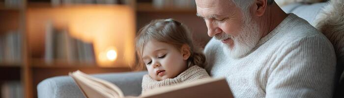 In a cozy wooden library, a warm-hearted senior man reads a vintage storybook to his attentive grandchild, illuminated by soft, glowing lamplight that enhances their connection and joy photo