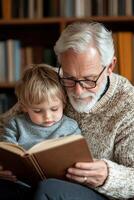 A warm-hearted senior man reads an old storybook to his attentive grandchild in a cozy wooden library. The soft, glowing lamplight creates a nostalgic atmosphere for storytelling photo