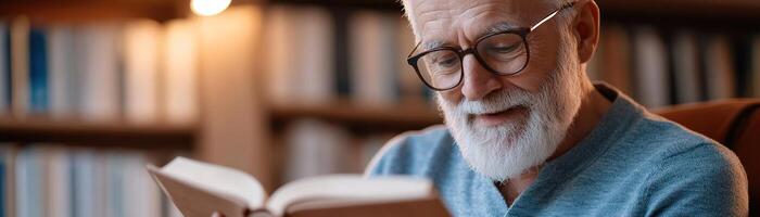 Warm-hearted senior man reads a vintage storybook to his grandchild in a classic wooden library, surrounded by soft glowing light, creating a nostalgic storytelling moment photo