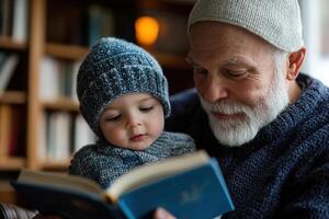 A warm-hearted senior man reads a vintage storybook to his grandchild in a classic wooden library, illuminated by soft glowing lamplight, creating a timeless storytelling atmosphere photo