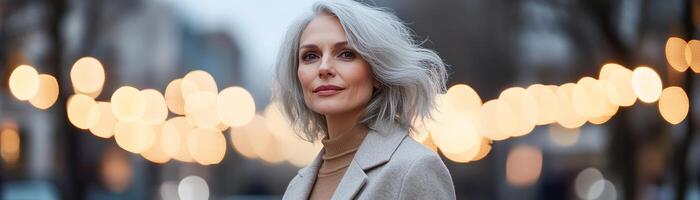 A stylish silver-haired woman walks confidently through a softly lit European city at dusk, surrounded by soft-focus bokeh lights, showcasing high-end fashion elegance photo