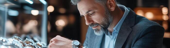 A fashionable father in a modern designer suit explores a collection of luxury watches within an upscale boutique while enjoying the soft-focus atmosphere and warm lighting photo