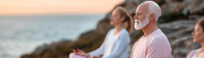 Participants engage in group meditation led by a senior yoga instructor on a breathtaking cliff overlooking the ocean, enveloped in soft sunrise mist at a luxury wellness retreat photo