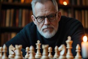 A senior man sits thoughtfully at a chessboard, sunlight filtering through vintage wooden bookshelves in a grand library. Candlelight flickers, creating a warm atmosphere photo