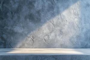 A high-end concrete surface captures a soft halo of light from a spotlight, highlighting its textured features in a luxurious industrial setting, perfect for text or display photo
